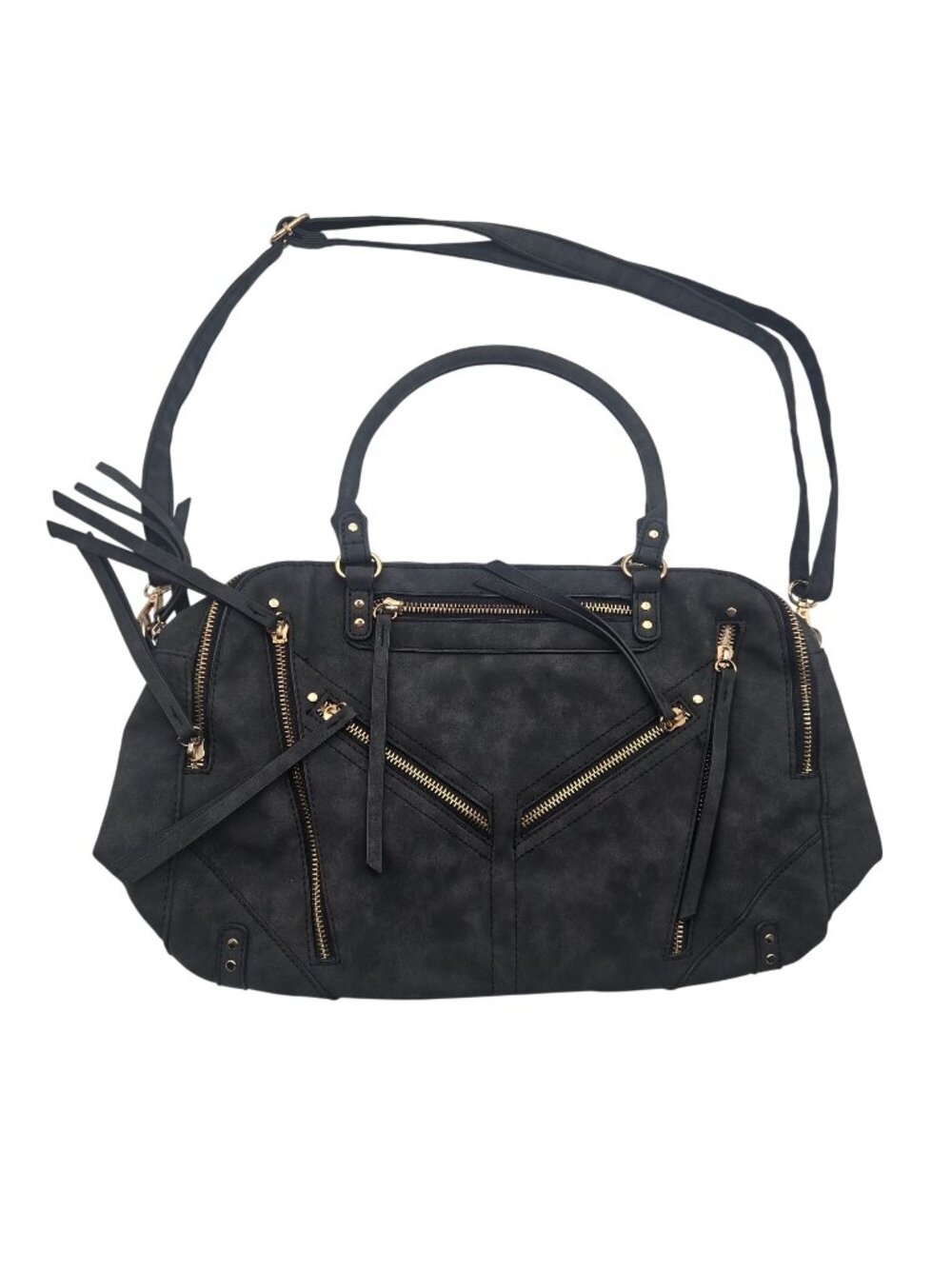 Violet Ray Black Satchel With Zipper Accents & Detachable Strap Womens Purse